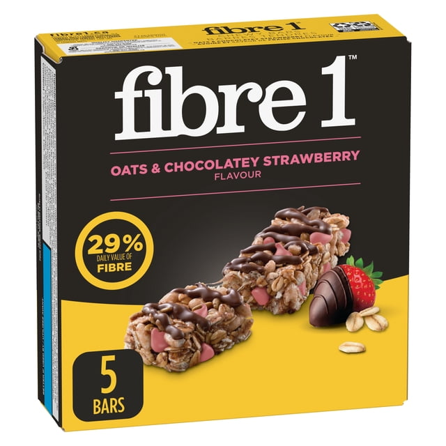Fibre 1 Oats & Chocolatey Strawberry granola bars box showing two bars with oats, strawberry chips, and chocolate drizzle on a yellow and black background, highlighting 29% daily fibre value and containing 5 bars, often used as a fibre-packed snack option.