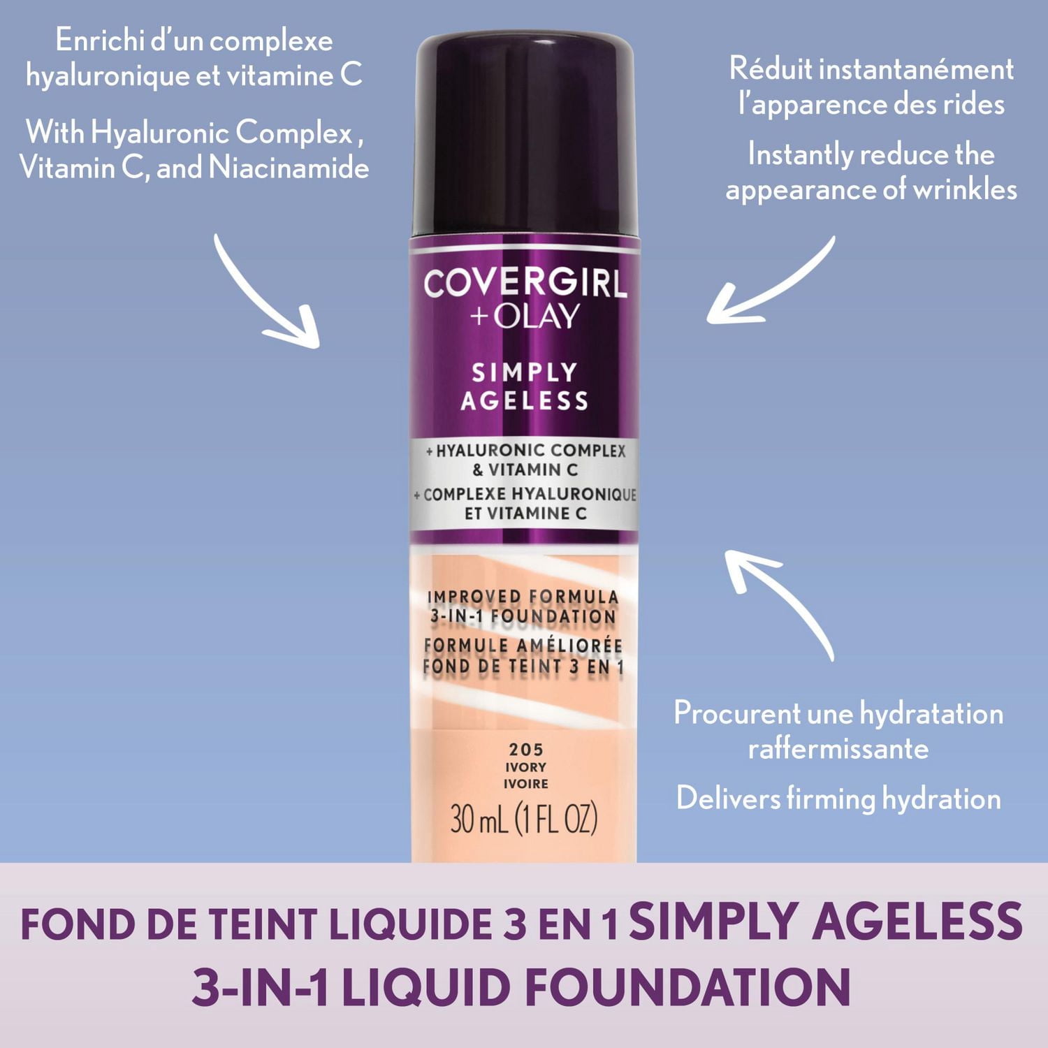 COVERGIRL Fond de teint liquide 3 en 1 Simply Ageless infusé de complexe hyluronique, de vitamine C et de niacinamide - formule hydratante, 100% Sans Cruauté