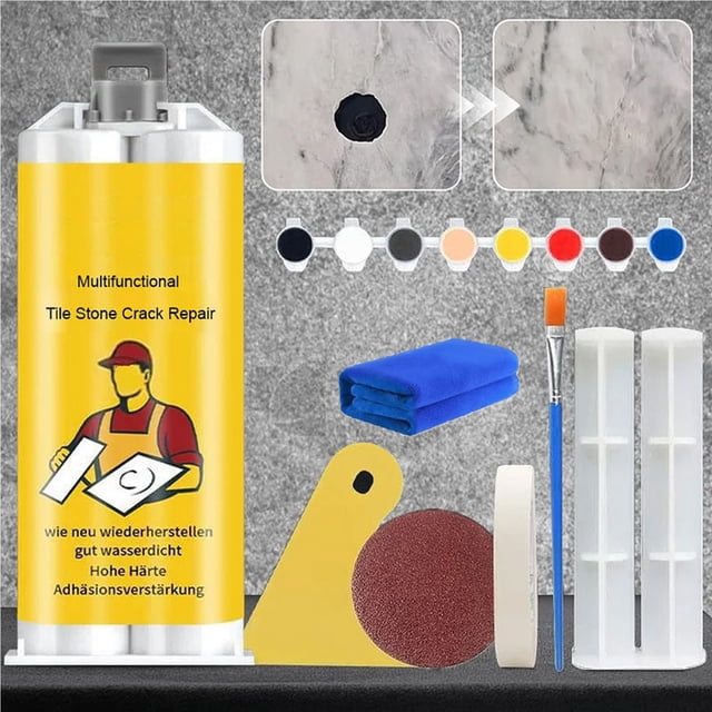 JZCHUNTOY Tile Crack Repair Kit, 23 Pieces Set With Putter Scraper Duster Brush Masking Tape Sandpaper Pigment Cloth, Fast Fixing Adhesive Filler, For Ceramic Tiles Floor Holes Scratches Renovation