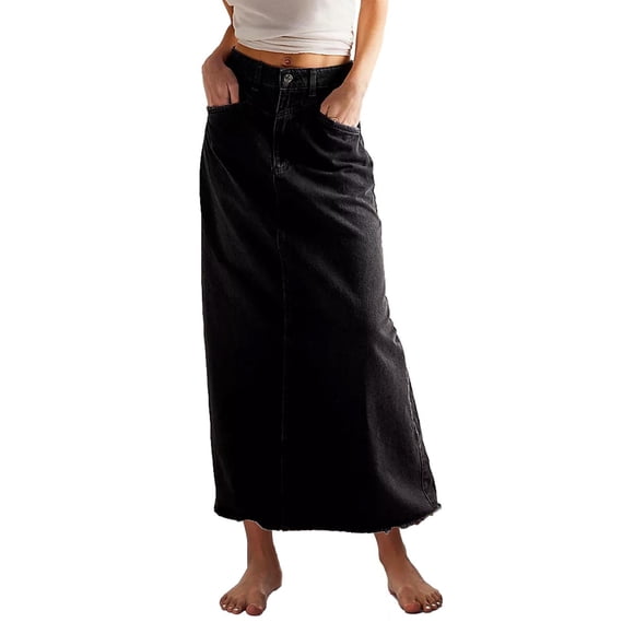 Womens Maxi Skirt,Denim Skirt Women,Women Trendy Denim Maxi Skirt High Waist A-Line Frayed Hem Loose Long Jean Skirt Streetwear,High Waist Skirt,Womens Long Skirts