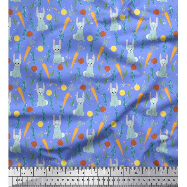 Soimoi Poly Georgette Fabric Leaves,Carrot & Rabbit Kids Print Fabric by The Yard 52 Inch Wide