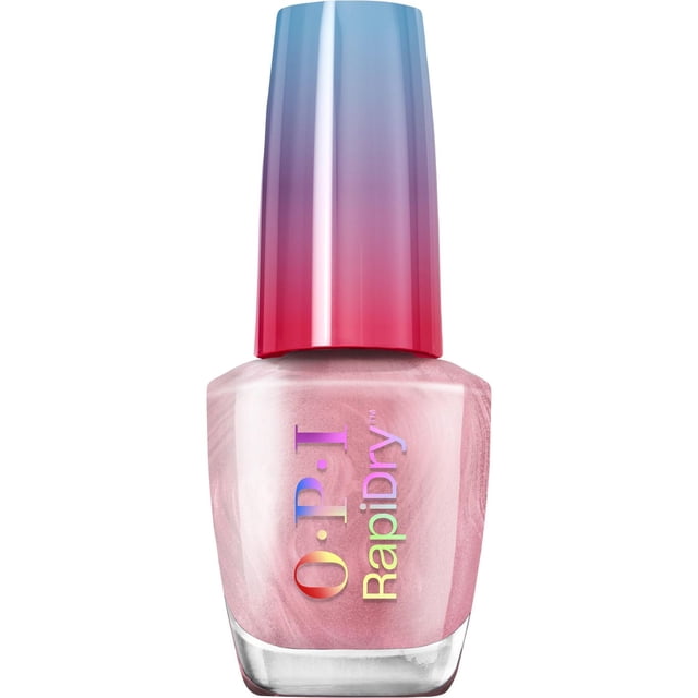 RapiDry™ Quick-Dry Nail Lacquer by OPI in pink pearlescent shade with gradient blue to red cap, featuring Speedy Rush Brush™ for fast application and quick-dry, smudge-proof formula drying in 60 seconds and lasting up to five days.