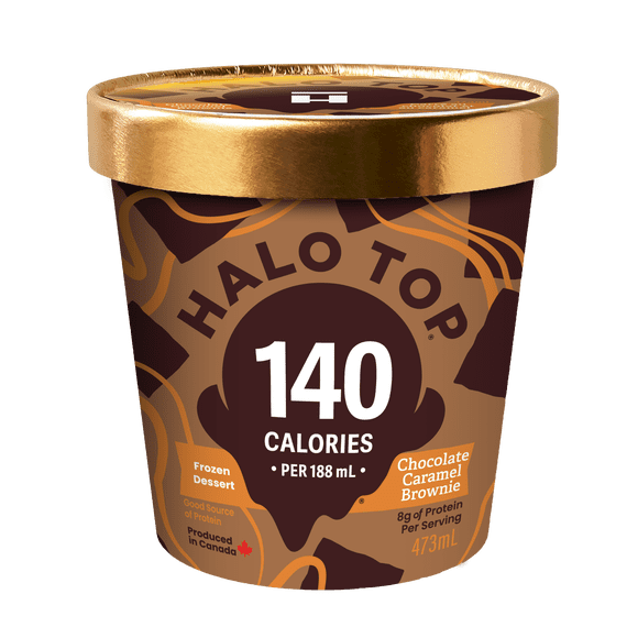 Halo Top Chocolate Caramel Brownie Frozen Dessert, Low Calorie, Low Fat , High Protein, 473 mL Tub, Chocolate Caramel Brownie 473 mL