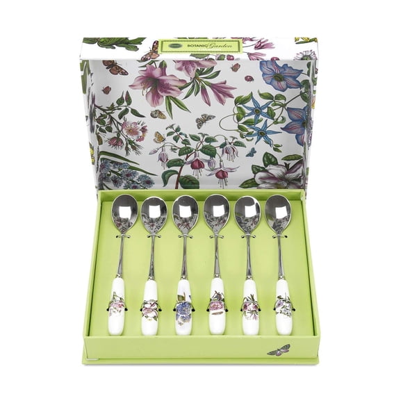 Portmeirion Botanic Garden 6"" Teaspoons - Set Of 6 | Assorted Floral Motifs | Stainless Steel And Fine Porcelain | Ideal For Morning Cupper Or Afternoon Tea