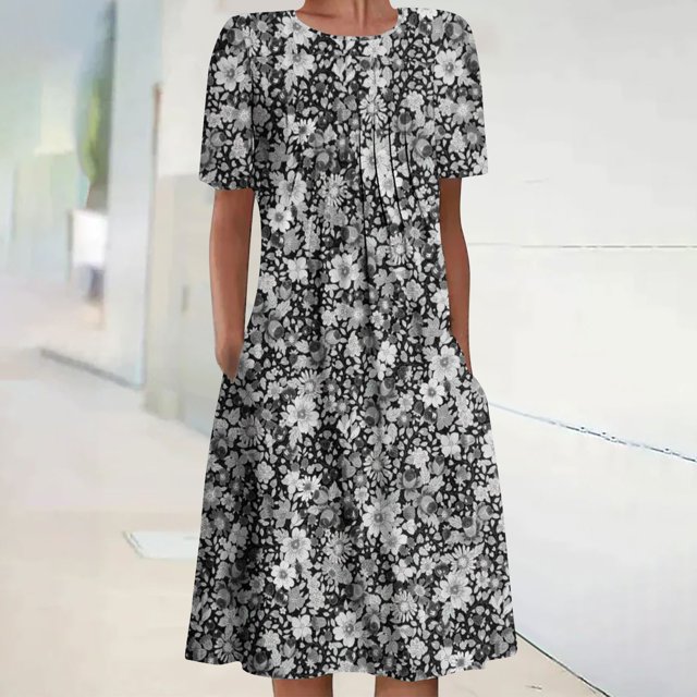 Robe Maxi d'Été pour Femme, Robe d'Été Bohème à Imprimé, Manches Courtes, Robe de Plage, Robe Longueur Genou, Robe à Manches Courtes en Liquidation