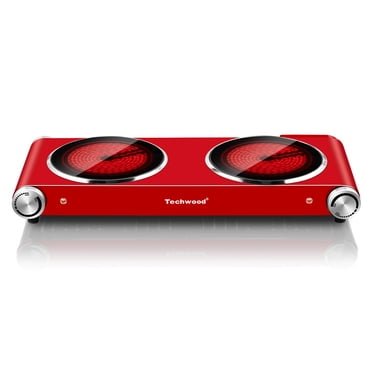 Techwood 1800W Double Burner Electric Cooktop | Infrared Ceramic Hot Plates for Fast Heating,Stainless Steel,Easy to Clean,Red