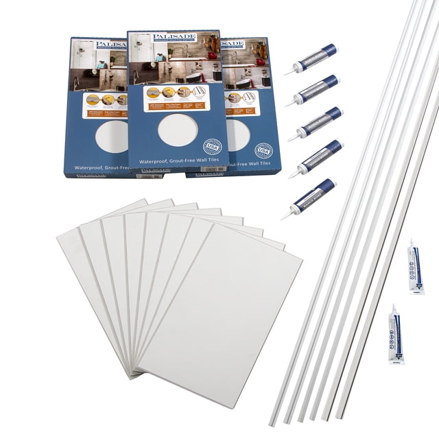 Palisade 25.6in x 14.8in Vinyl Wall Tile Shower Kit in Dusty Pearl. This DIY kit includes interlocking waterproof vinyl wall tiles, matching trims, adhesive, and sealant. The tiles feature a natural stone-inspired design with unique patterns and cracks for an elegant look. Made from durable PVC, the tiles are lightweight, scratch-resistant, and UV-resistant, making them ideal for showers and other moist environments. Silicone sealant is included for complete waterproofing.