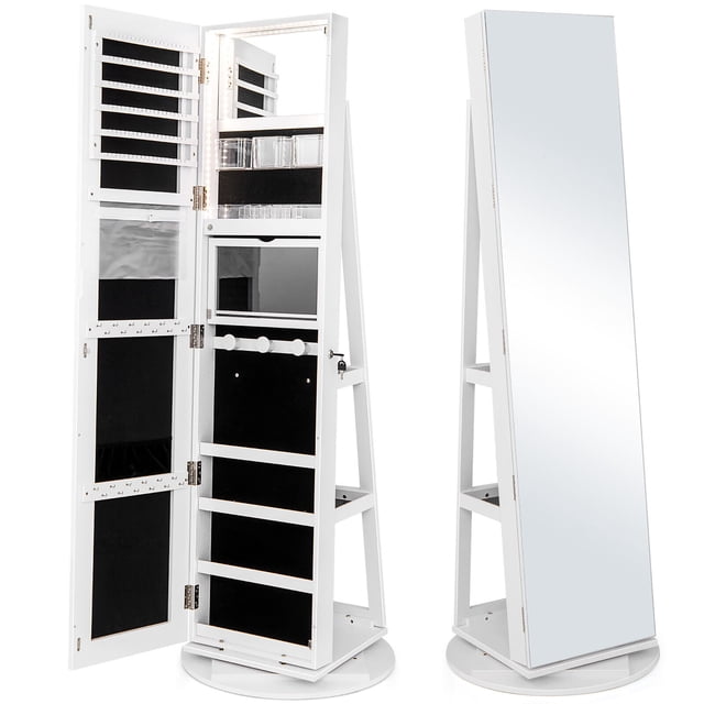Gymax Armoire à Bijoux Miroir Rotative à 360° en Blanc, avec Miroir Pleine Longueur, Intérieur à DEL Éclairé et Multiples Compartiments de Rangement pour Bijoux et Cosmétiques. l'Armoire Comprend des Crochets, des Fentes et des Tablettes pour un Rangement Organisé, Ainsi Qu'une base Rotative à 360° pour un Accès Facile aux Tablettes Arrière. Elle Comprend Aussi un Miroir de Maquillage Intégré, une table Pliante en Acrylique et des Portes Verrouillables pour Plus de Sécurité.