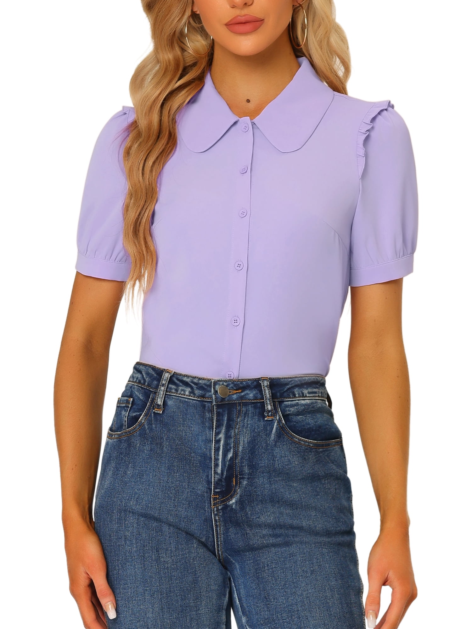 INSPIRE CHIC Haut à col pour femmes, col Peter Pan, manches courtes, boutons sur le devant, M Violet