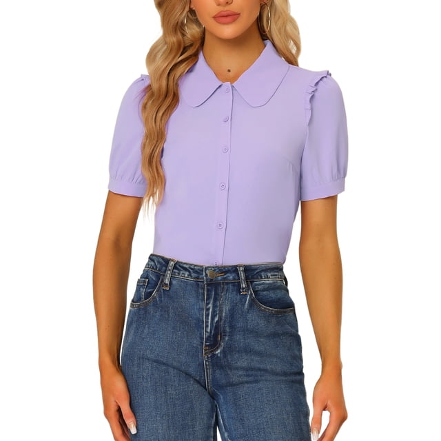 INSPIRE CHIC Haut à col pour femmes, col Peter Pan, manches courtes, boutons sur le devant, XS, violet