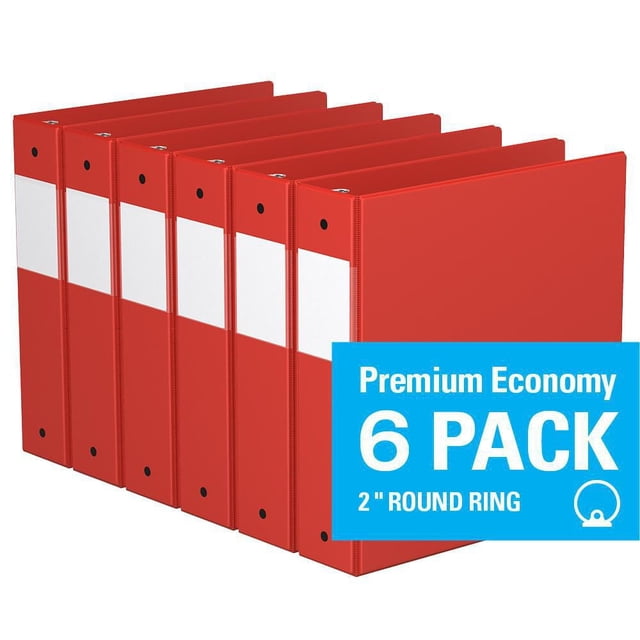 Davis Group Premium Economy Round Ring Binder 6 Pack 2 inch with six red binders featuring clear white label holders on the spine and 2 inch round rings, arranged in a row on a white background, suitable for organizing documents in office or school settings.
