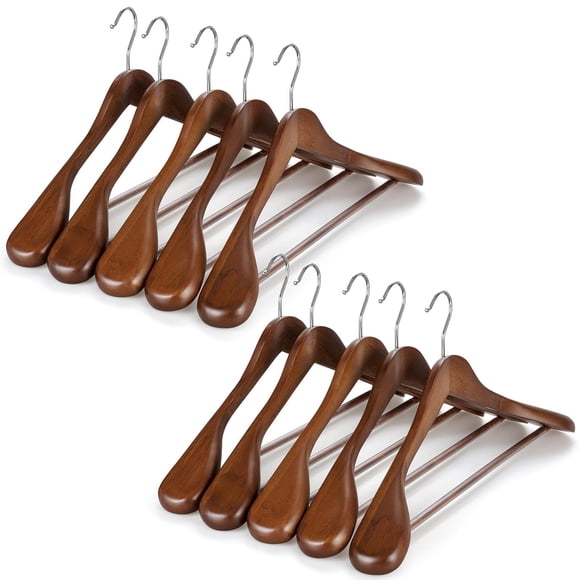 TOPIA HANGER Wide Shoulder Wooden Hangers, Suit Hangers with Non Slip Pants Bar & 360° Swivel Hook, Solid Wood Heavy Duty Coat Hanger, 10 Pack (Wa