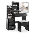 thumbnail image 1 of Vanity Desk Set with 3-Color Dimmable LED Mirror, Sliding Hidden Mirror Design, Built-in Power Outlet, 4 Storage Drawers and Shelf, Cushioned Stool for Bedroom, 1 of 8