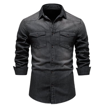 AherBiu Mens Long Sleeve Striped Denim Shirts Button down Lapel Collar Slim Fitted Washed Shirt with Pockets