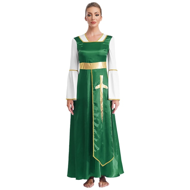 Sxiwei Robe Maxi Ample Longueur Cheville pour Femmes, Tunique Superposée de Danse de Louange, Robe de Culte Liturgique Verte 4TG