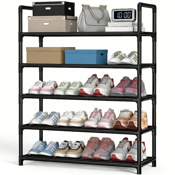 Krpimt Étagère à Chaussures à 5 Niveaux, Organisateur de Chaussures Empilable de 31,5 Pouces, Rangement pour 15-20 Paires, Étagère à Chaussures en Métal pour Entrée, Couloir et Garde-Robe, Noir