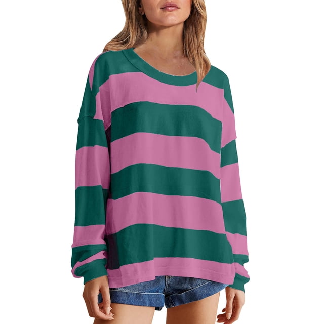 Styesk Chandails à Manches Longues pour Femmes, Chemise Tendance à Rayures, Tunique Ample à Col Rond, Chandail à Enfiler, Hauts Décontractés Patchwork, Chandail Doux et Léger