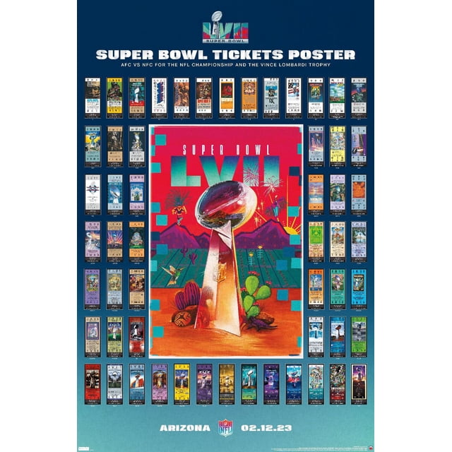 NFL League - Super Bowl LVII Ticket Collage Wall Affiche, 22.375 Pouces x 34 Pouces, art Mural Brillant Présentant une illustration Centrale Colorée de Vince Lombardi Trophée avec Feux d'Artifice et Cactus du Désert, Entourée de Rangées d'Images de Billets Super Bowl sur un Fond Bleu, Intitulée « Super Bowl TICKETS Affiche » avec Détails d'Événement « Arizona 02.12.23 », Convient pour Décorer des Chambres