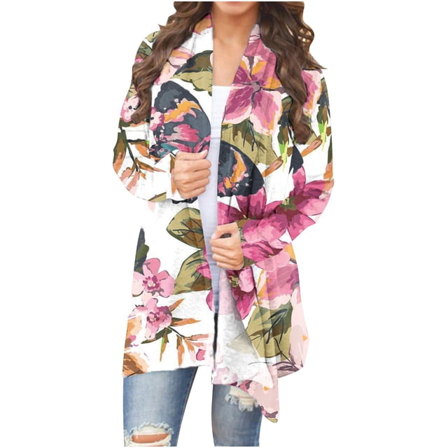 Cardigan à Manches Longues pour Femmes, Cardigan Veste Haut à Manches Longues à Imprimé Floral à la Mode en Liquidation