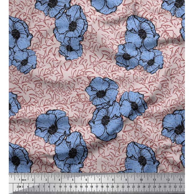 Soimoi Silk Fabric Anemone Floral Print Fabric by the Yard 42 Inch Wide