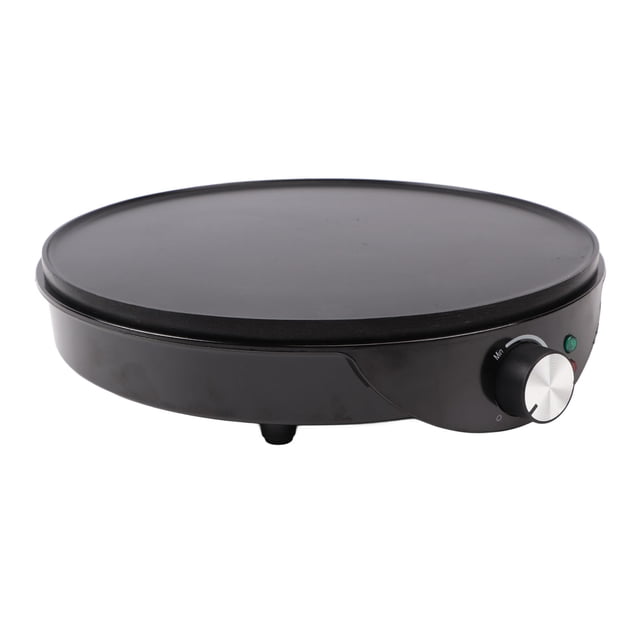 Electric Griddle Crepe Maker with a 30cm (12-inch) non-stick surface, featuring a black iron base and a temperature control knob. Includes a wooden spatula and additional accessories for making pancakes and scones. Designed for home use, easy to clean, and suitable for family-sized portions.