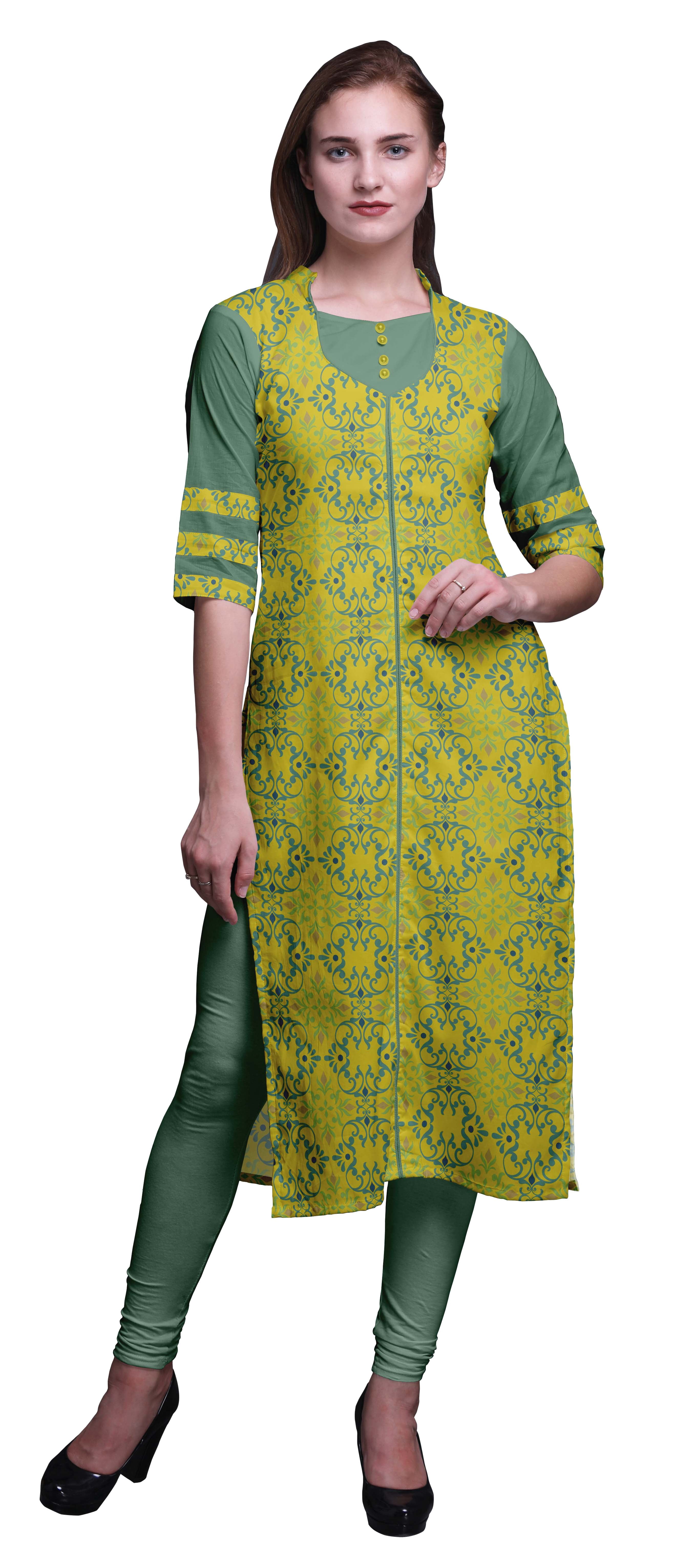 Bimba Rayon Slub Indian Printed Straight Kurta 3/4 Sleeve Tunic Dress For Women