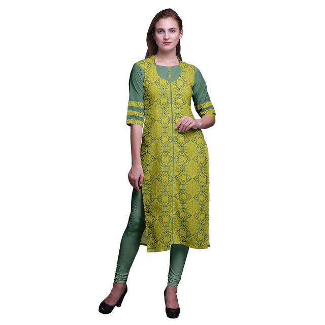 Bimba Kurti Longue Droite pour Femmes Imprimée Indienne en Rayonne Slub Tunique à Manches 3/4