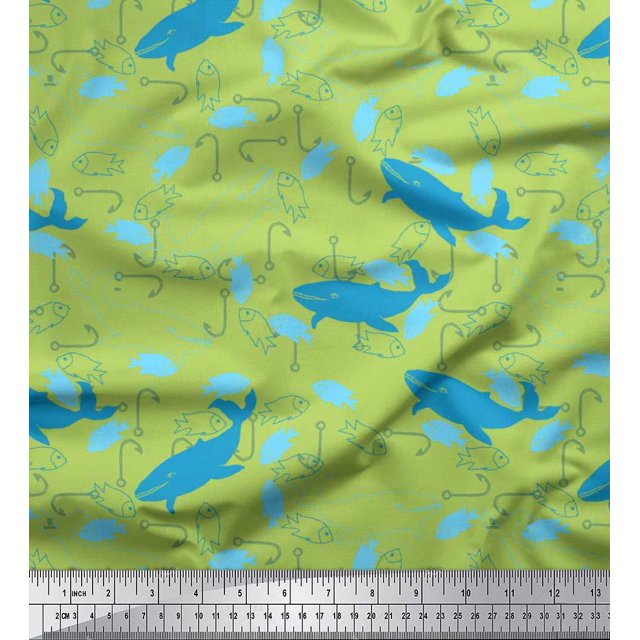 Soimoi Polyester Crepe Fabric Fishing Hook,Fish & Whale Ocean Printed Craft Fabric by The Yard 52 Inch Wide