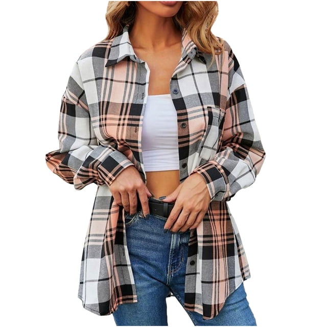 Pompotops Mode Femmes Poches Décontractées Imprimé Manches Longues Tops Veste Plaid Manteau Clair