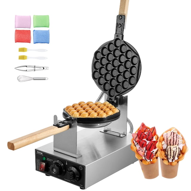 VEVOR Commercial Bubble Waffle Maker Egg Pancake Baker Machine, a 1400W electric waffle maker with stainless steel construction and non-stick plates. Features include precise temperature and timer controls, wooden handles, and accessories like silicone brushes, sponges, and a whisk. Ideal for making bubble waffles, shown with dessert toppings.