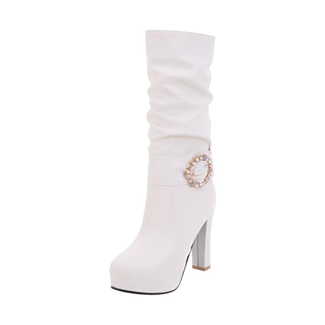 XZNGL Chaussures pour Femmes Mode Couleur Unie Mi-Mollet Bout Rond Talon Haut à Enfiler Bottes Cavalières