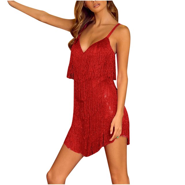 Pompotops Mode Femme Aguichant Col en V Couleur Unie à Franges Robe Sans Manches Jupe Courte