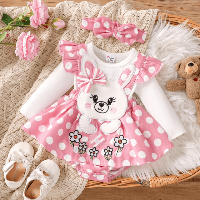 PatPat Baby Girl Rabbit Pattern Ruffle Long Sleeve Romper