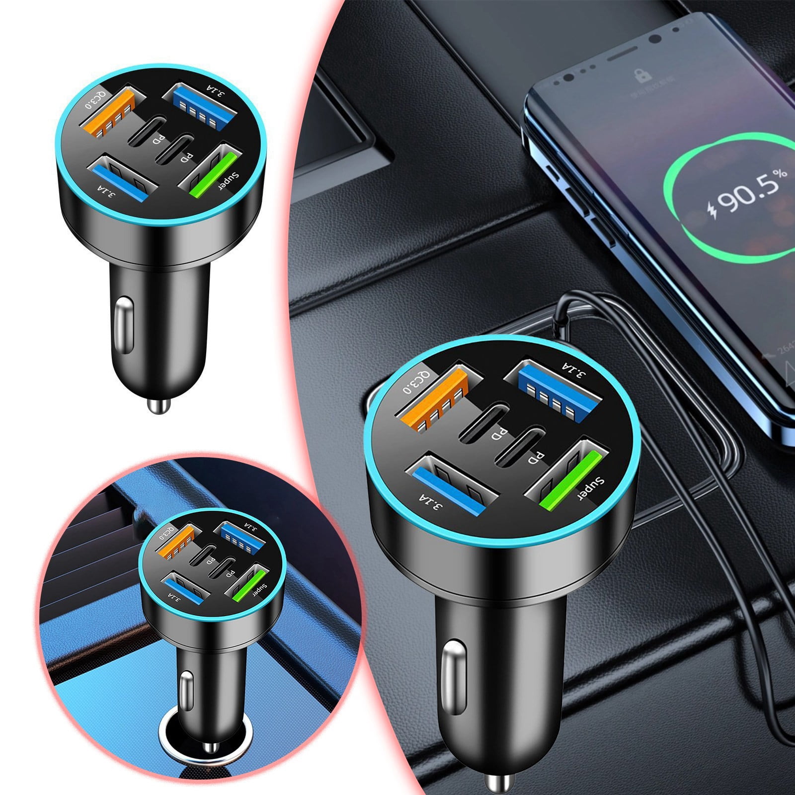 Car Charger USB Car Accessories Model SUPER+PD+6 Port Car Charger With 6 USB Ports Convenience Car Power Adapter, 6x3.85x2 cm, Black