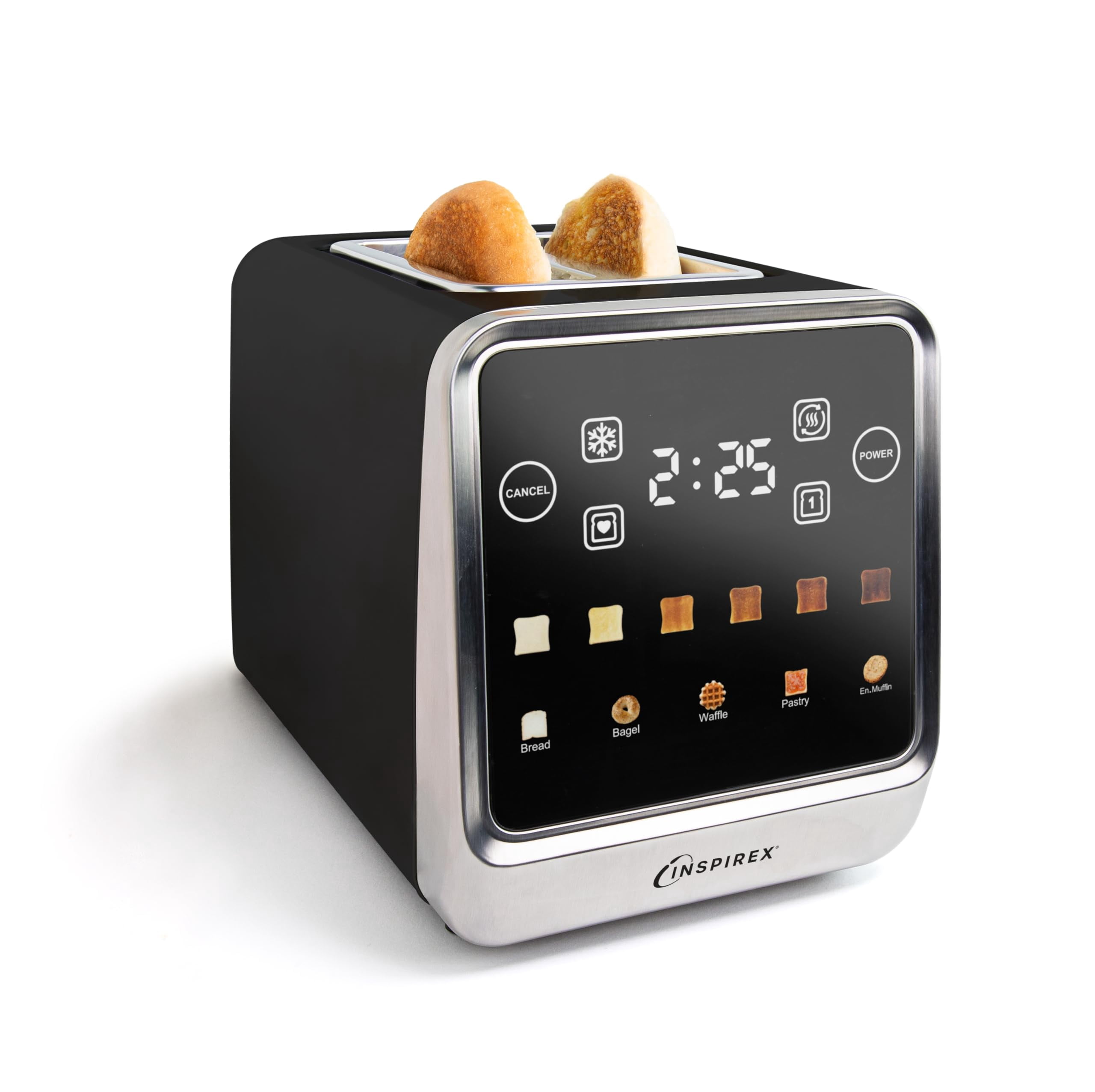 Inspirex Touch Screen Toaster - 2 Extra Wide Slots - 5 Bread Types and 6 Browning Levels - Defrost, Reheat, Favorite, & Single Slot Modes - For Toast, Bagels, & Waffles