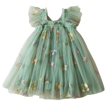 Birdeem Sleeveless Round-Neck Dress Girls Summer New Sleeveless Ruffled Lace Round-Neck Embroidery Mesh Princess Bow Skirt
