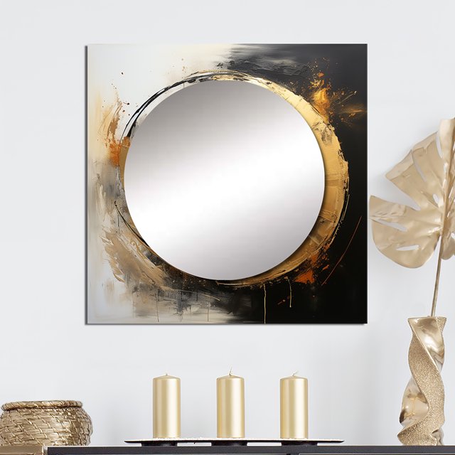 Designart "Harmony Of Yin And Yang Transcendent Gold And Black" Abstract Painting Square Mirror Wall Decor Modern - Large Gold Square Bathroom Mirror - Square Printed Wall Mirror Art