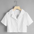 thumbnail image 1 of XZNGL Women Solid V-neck Loose Shirt Button Front Tartan Short Blouse Crop Tops, 1 of 6