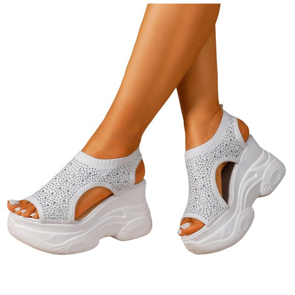 Women's Rhinestone Platform Wedge Sandals Breathable Knit Height Increasing Walking Shoes Open Toe Slides with Back Strap White Size 7.5