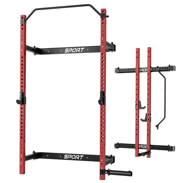 Folding Wall Mounted Squat Rack, 1000lbs Capacity Multi-Functional Power Rack, with Pull Up Bar, J Hooks and Landmine, for Weights, Bars and Equipment, for Small Space Apartments and Garage Workouts