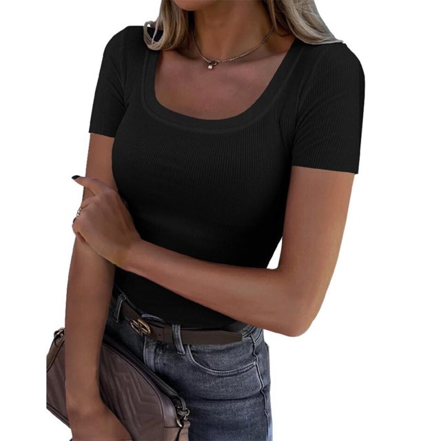Pxiakgy T-Shirts à Manches Courtes Col Rond Côtelé Ajusté Décontracté Été Slim Basique pour Femmes Taille:S-2TG