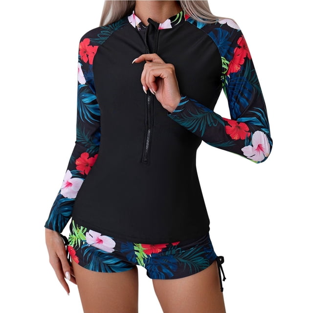 Kcodviy Femmes Ensemble Deux Pièces Maillot Dermoprotecteur Femmes Maillot de Bain Garde Manches Longues à Glissière Guards pour Femmes Maillots de Bain Chandail de Bain Maillot de Bain avec Garde Ensemble avec Bas Culottes Garçonnes
