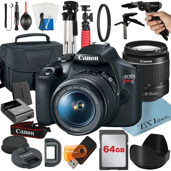 Canon EOS Rebel T7 Appareil Photo Reflex Numérique avec Objectif Zoom 18-55mm + Ensemble d'Accessoires ZeeTech Comprend : Carte 64 Go, Trépied, Sac, Poignée de Pistolet (Ensemble de 21 Pcs)