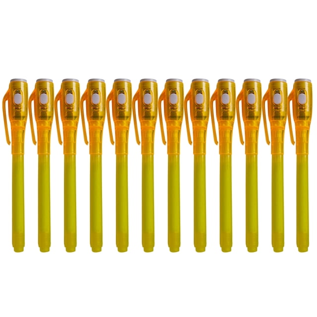 Vaidha Invisible Ink Pen With Light -Luminous Light Invisible Ink Pen Drawing Learning Pen 20ml. A set of 12 translucent yellow ballpoint pens with integrated LED lights for writing invisible characters, detecting currency authenticity, and creating luminous designs. Ideal for office, school, and creative applications.