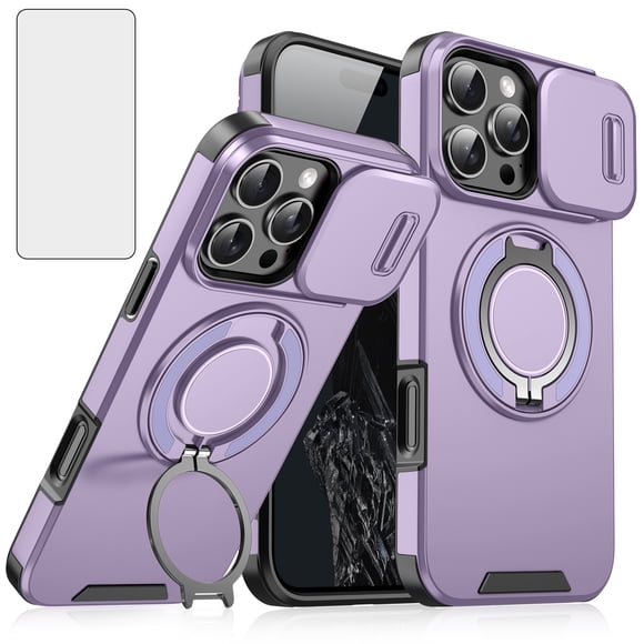 Asuwish Compatible with iPhone 16 Pro Max 6.9 inch Phone Case Slide Camera Cover Tempered Glass Screen Protector Stand Ring Holder Rugged Slim Cell for i Phone16 i16 ProMax 16ProMax Women Men Purple