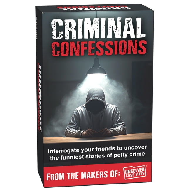 Endless Games Unsolved Case Files: Criminal Confessions Mystery Game box showing a dark, smoky interrogation scene with a hooded figure at a wooden table under a single overhead light, featuring bold white and red text and a tagline about uncovering petty crimes, suitable for 2-10 players aged 14 and up as a party mystery game.