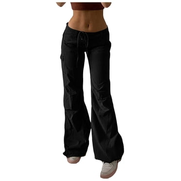 Bmisegm Women's Low Waist Elastic Waist Loose Cargo Pants with Pocket, Black, L