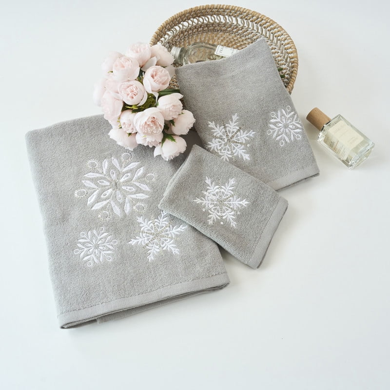 Marina Decoration Xmas Ensemble de Serviettes de Luxe Premium Ultra Doux 100 % Coton Brodé Moderne de Noël 3 Pcs, Motif Flocon de Neige Gris Blanc
