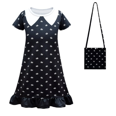 HAWEE Wednesday Addams Costume Dress with Bag for Kids, Girls Halloween Black Uniform Dress Addams Costume Dress for Cosplay Party