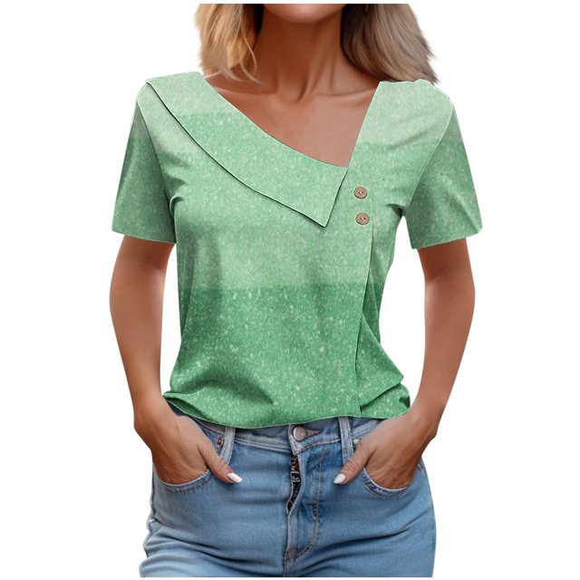 FAIWAD Women Summer Tops Short Sleeve Irregular V Neck Button T-Shirts Geometric Color Block Print Tees Blouses